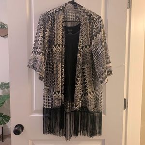 Black white and metallic gold patterned kimono
